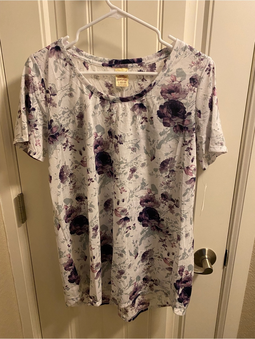 NWT Faded Glory Floral Top L 12 14 Short Sleeve Shirt White Purple Large Lg